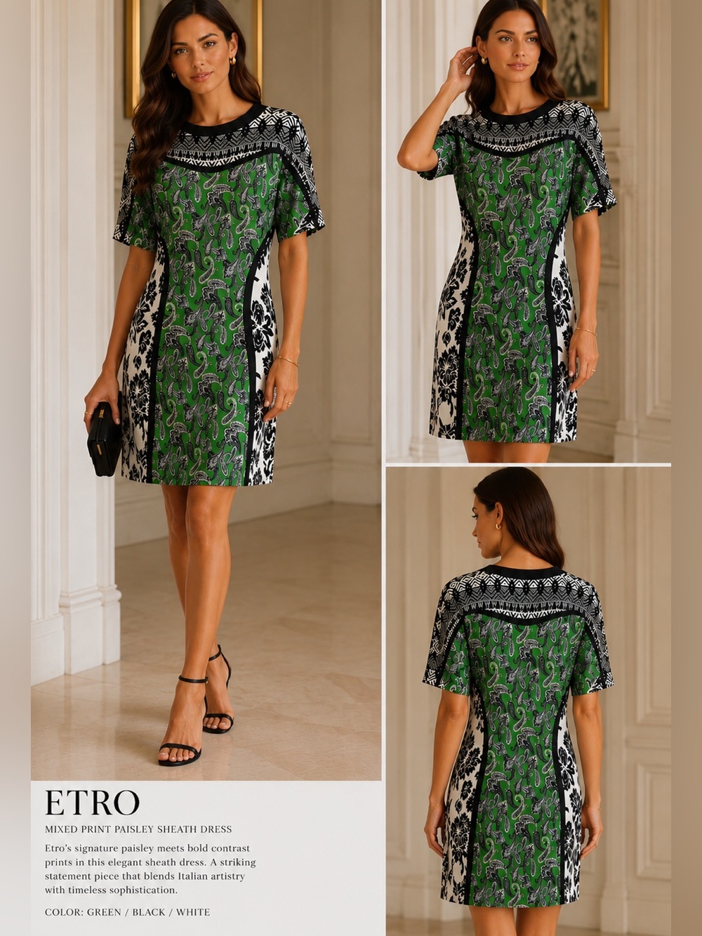 Etro Green and Black Mixed-Print Paisley Sheath Dress